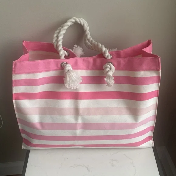 Victoria's Secret Pink & White Striped Tote beach bag with Miami St Bart Hawaii - Picture 3 of 10